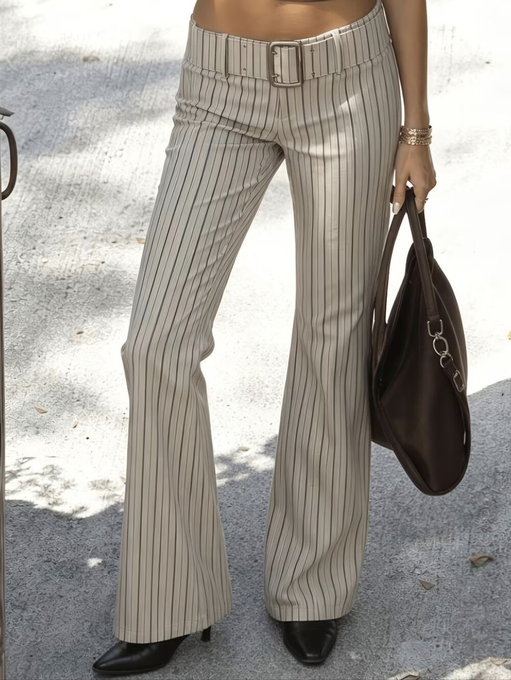 Vintage Striped Flare Trousers with Hot Patchwork Metal Buckle Belt Design